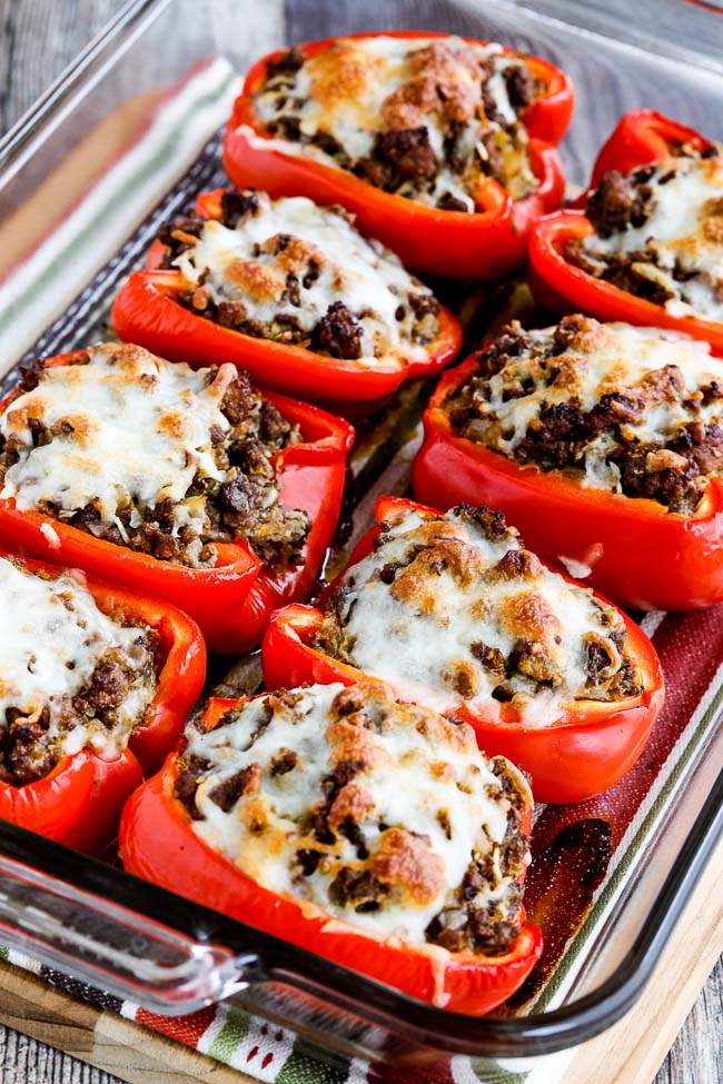 Low-Carb Stuffed Peppers with Beef, Sausage, and Cabbage found on KalynsKitchen.com