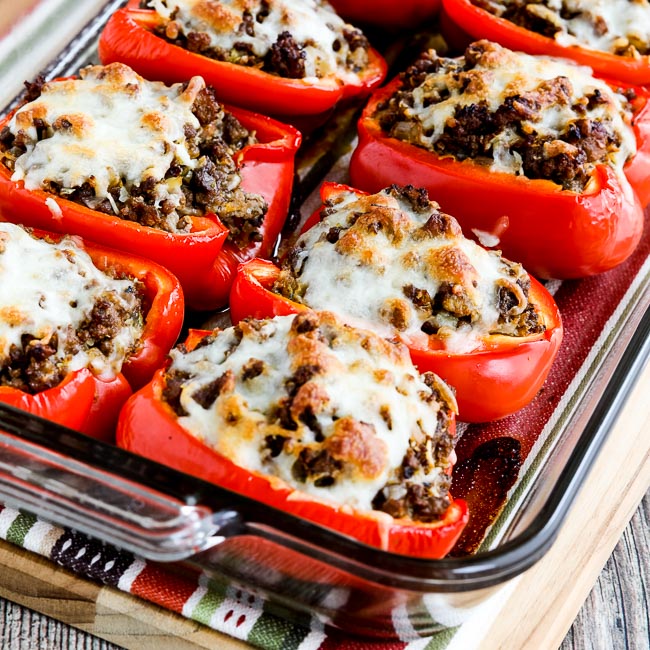 Low-Carb Stuffed Peppers with Beef, Sausage, and Cabbage found on KalynsKitchen.com