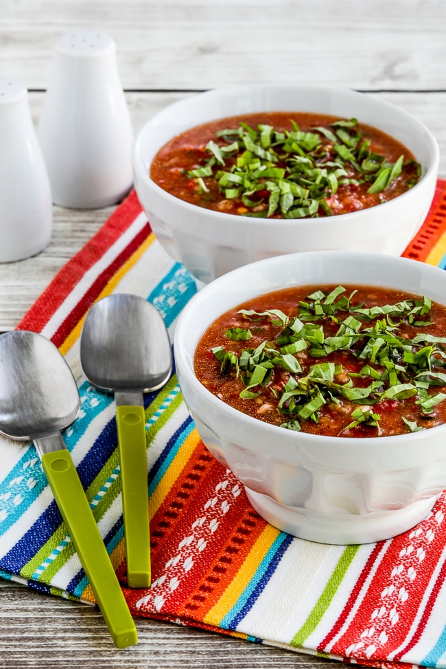 Gazpacho finished soup in two serving bowls