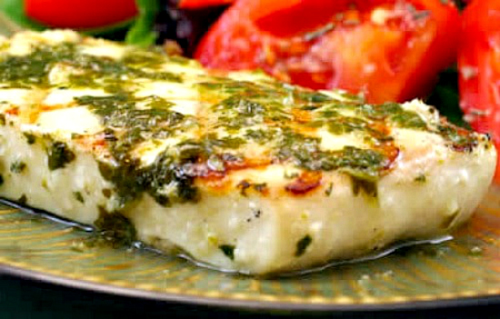Top photo for Grilled Halibut with Garlic Cilantro Sauce