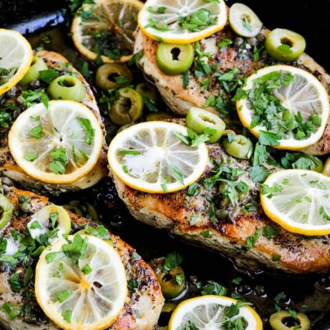 Chicken with Roasted Lemons, Green Olives, and Capers found on KalynsKitchen.com