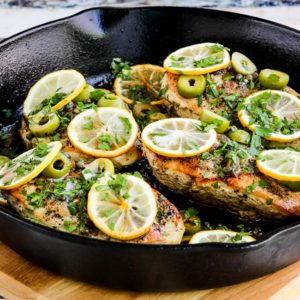 Low-Carb Skillet Chicken with Roasted Lemons, Green Olives, and Capers found on KalynsKitchen.com