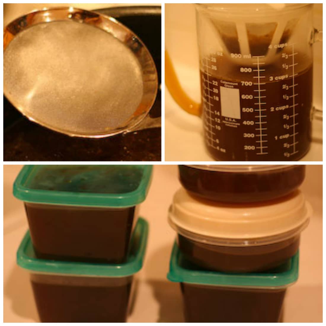 collage showing steps for finishing the Beef Stock