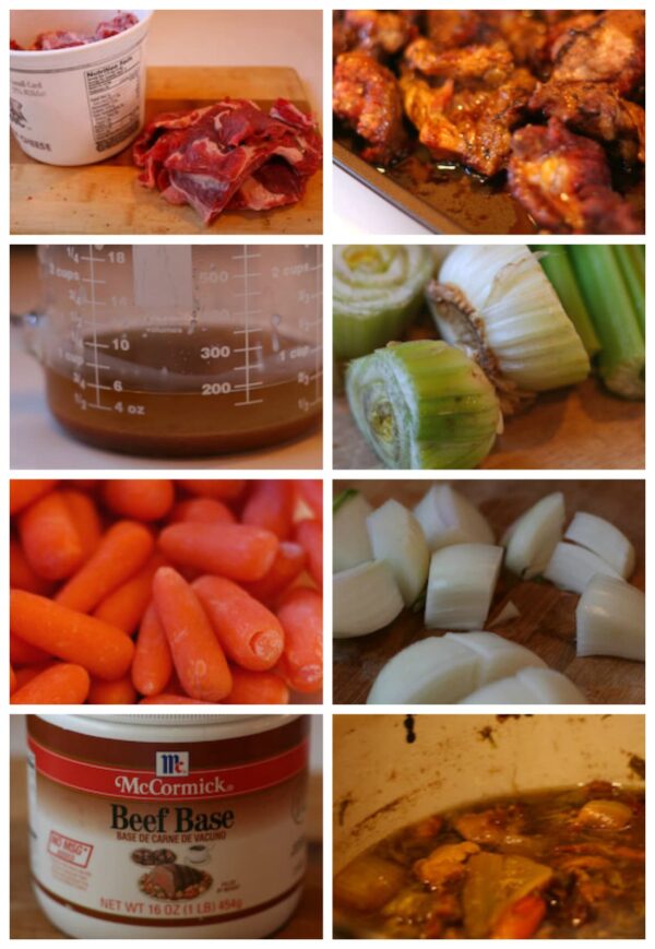collage showing steps for starting and simmering beef stock