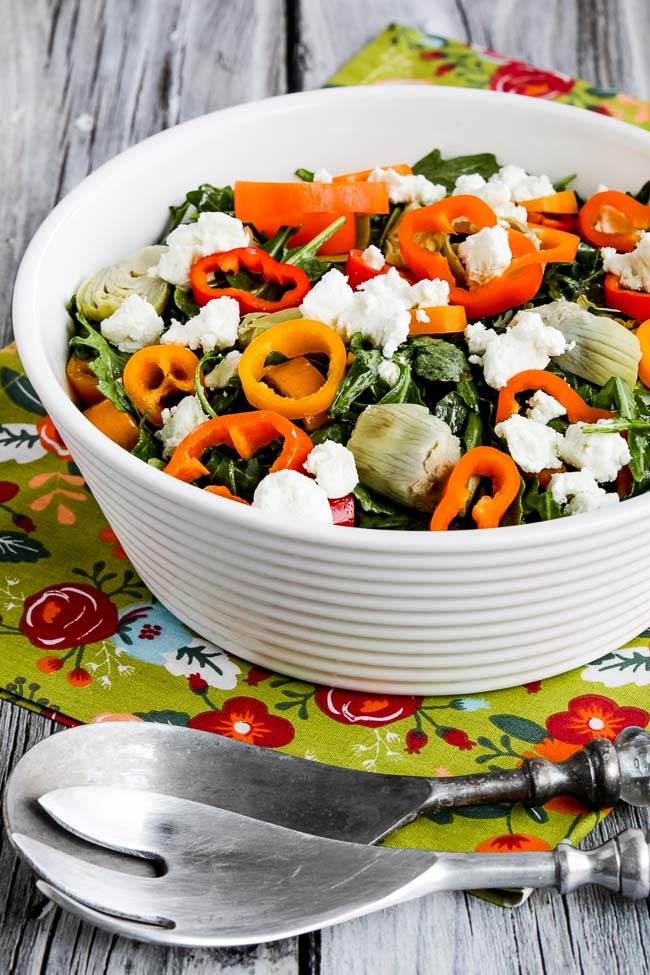 Low-Carb Arugula Salad with Artichokes, Peppers, and Goat Cheese collage photo