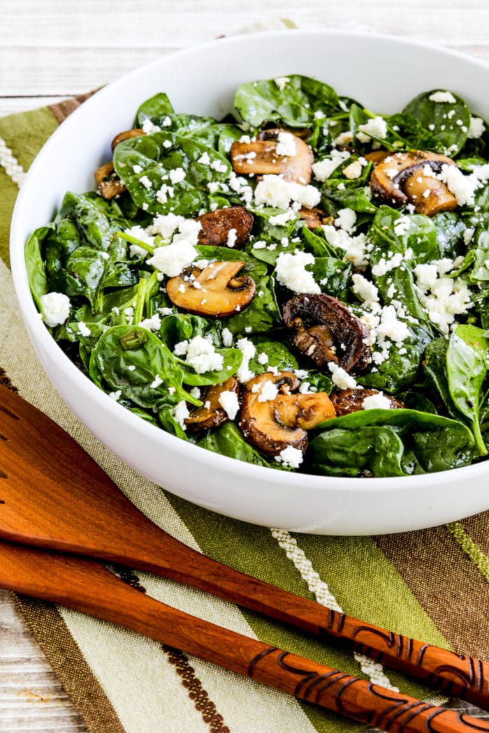 Balsamic Spinach Salad with Mushrooms and Feta finished salad in large serving bowl