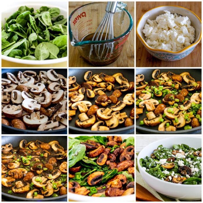 Balsamic Spinach Salad with Mushrooms and Feta collage of process shots 