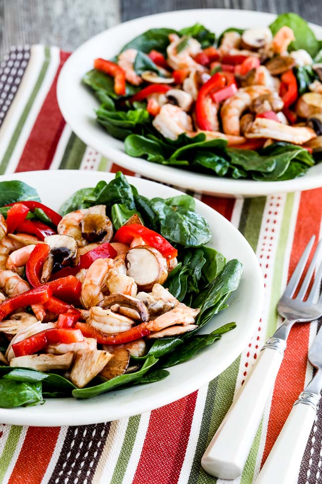 Closeup-photo for Asian Spinach Salad with Shrimp, Red Pepper, and Mushrooms