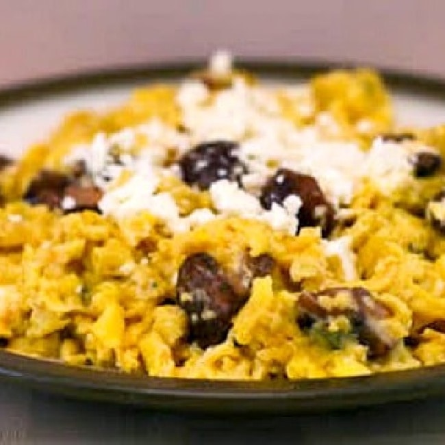 Scrambled Eggs with Mushrooms and Feta shown on serving plate