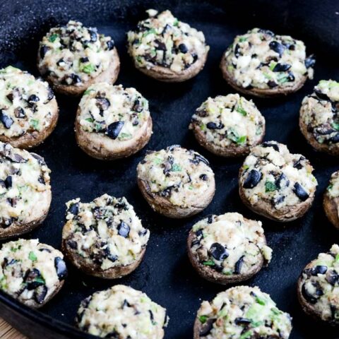 Low-Carb Stuffed Mushrooms with Olives and Feta found on KalynsKitchen.com