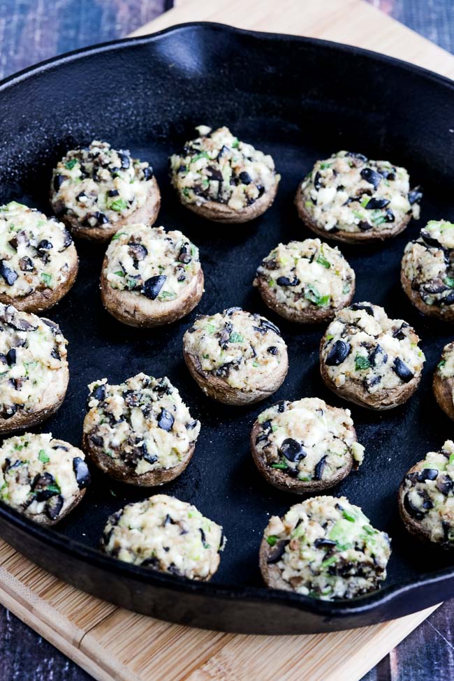 Low-Carb Stuffed Mushrooms with Olives and Feta found on KalynsKitchen.com