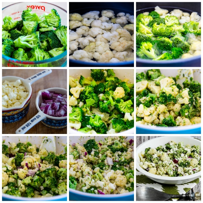 Process photo collage for Broccoli and Cauliflower Salad with Feta and Tarragon Vinaigrette