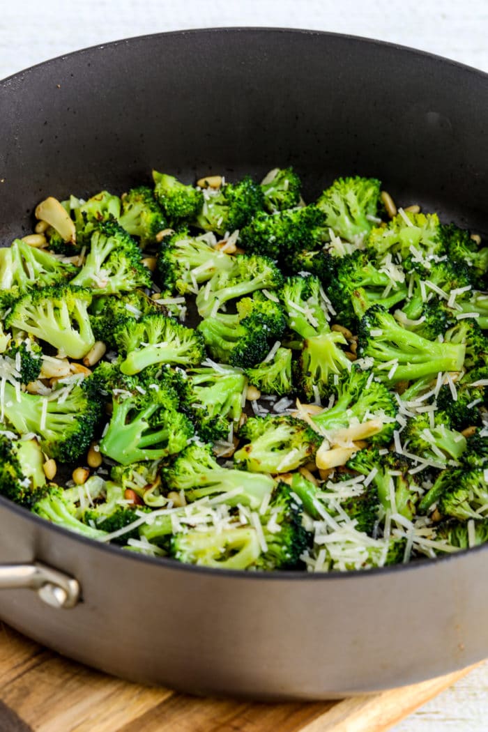 Pan-Fried Broccoli with Pine Nuts and Parmesan close-up of finished broccoli served in pan
