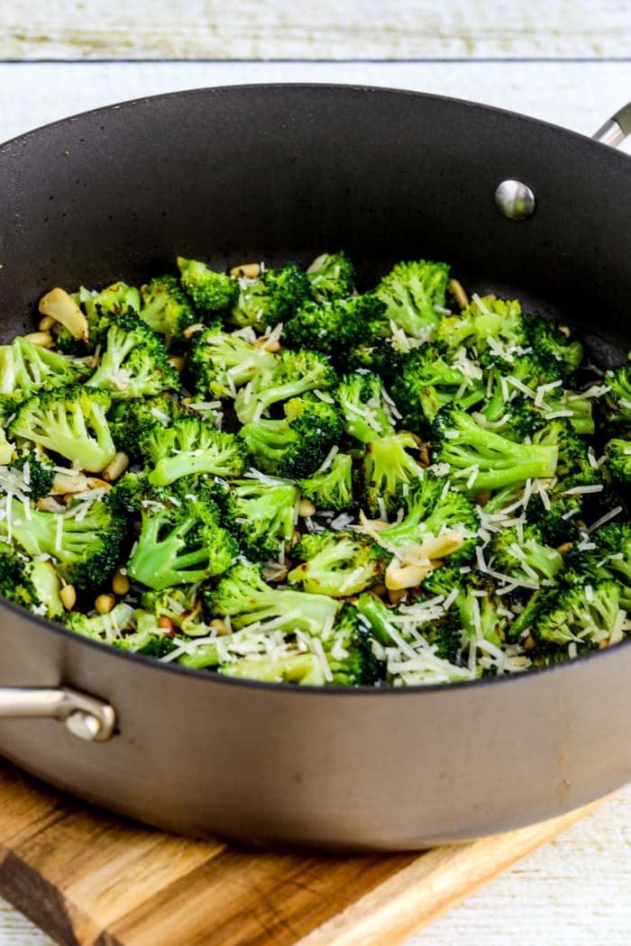 Pan-Fried Broccoli with Pine Nuts and Parmesan finished dish served in pan