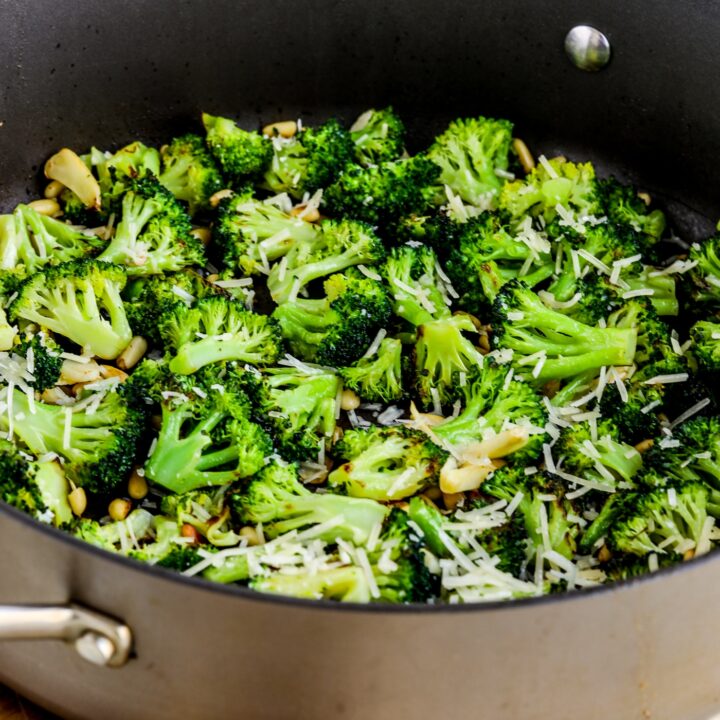Pan-Fried Broccoli with Pine Nuts and Parmesan finished dish served in pan