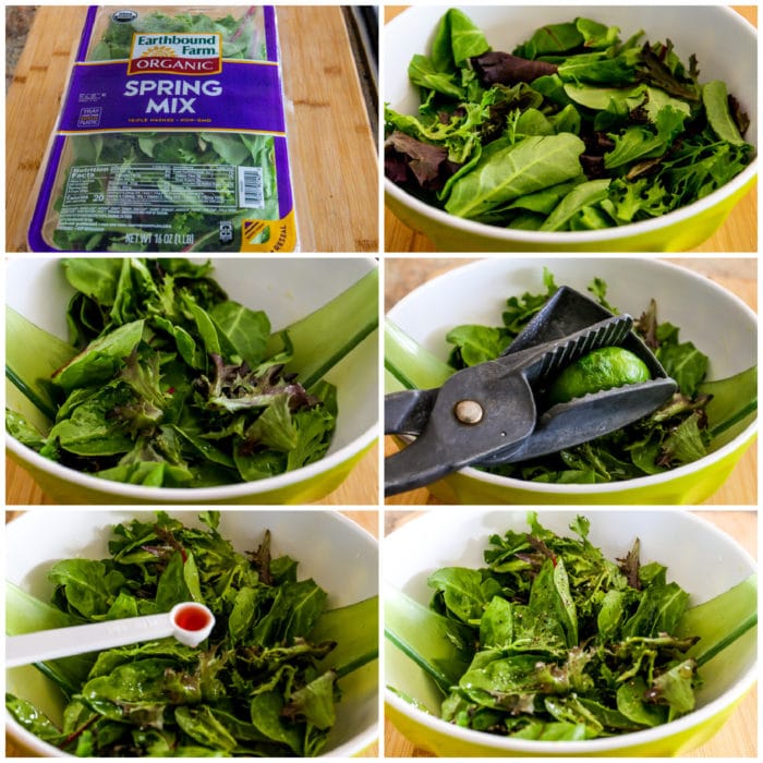 process shots collage for salad with Mary's Perfect Easy Dressing for Spring Mix Salad Greens