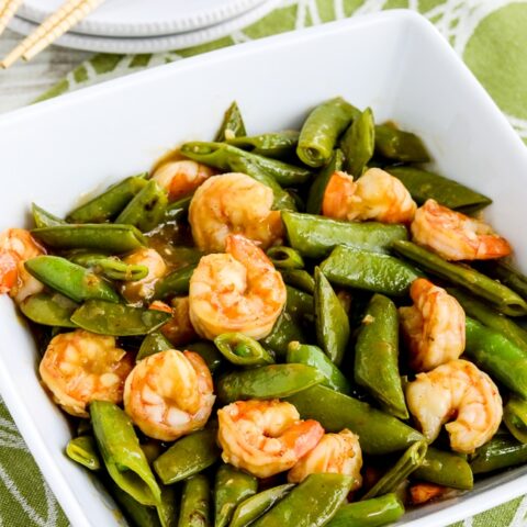 Stir-Fried Shrimp and Sugar Snap Peas finished dish in serving bowl