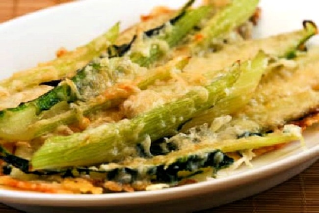 Baked Swiss Chard Stems with Parmesan finished dish on serving plate
