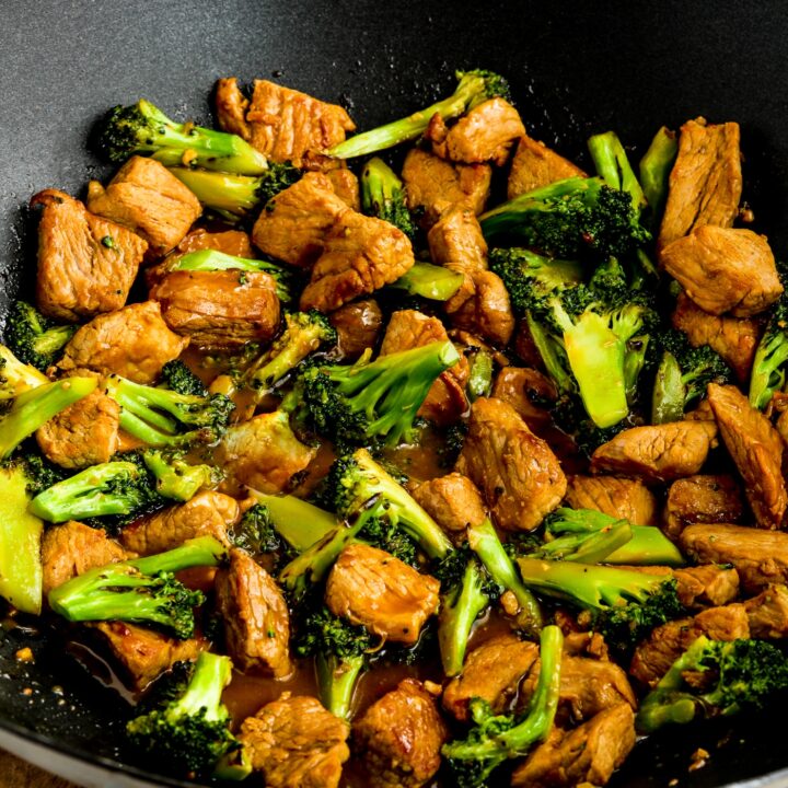Pork and Broccoli Stir Fry with Ginger finished dish in wok