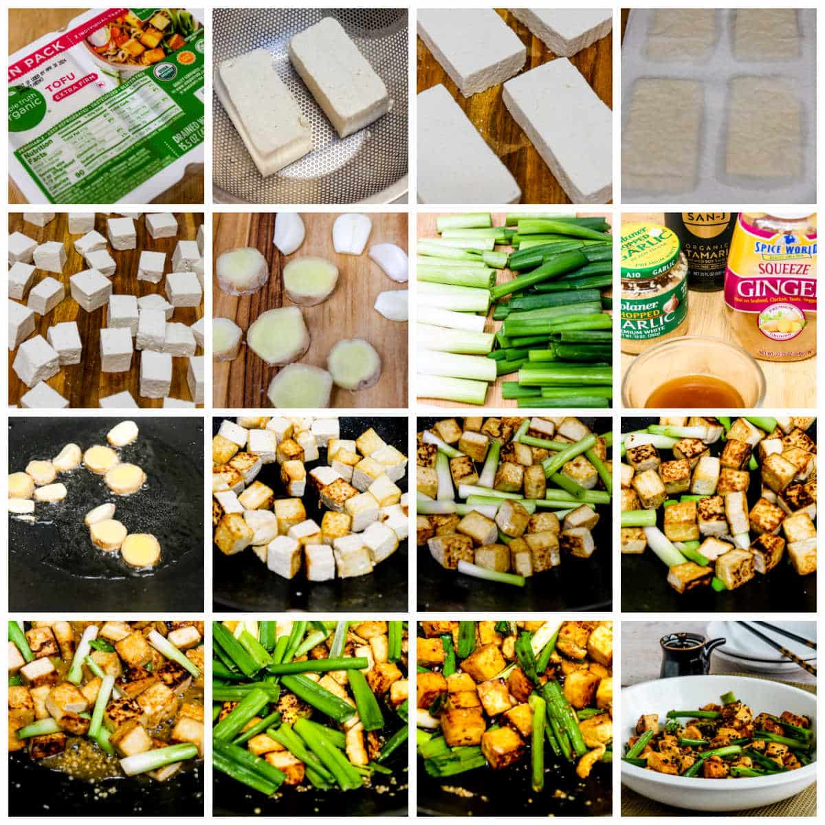 Collage photo for Stir-Fried Tofu with Ginger and Soy Sauce showing recipe steps.