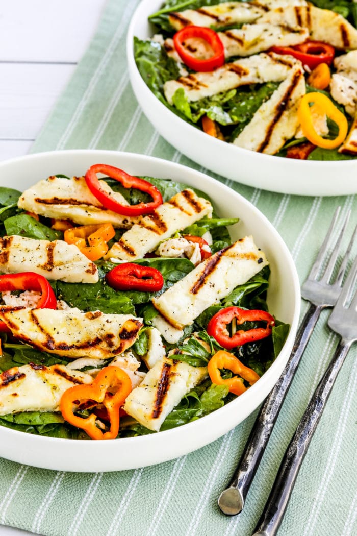 Grilled Halloumi Salad finished salad shown in two large serving bowls