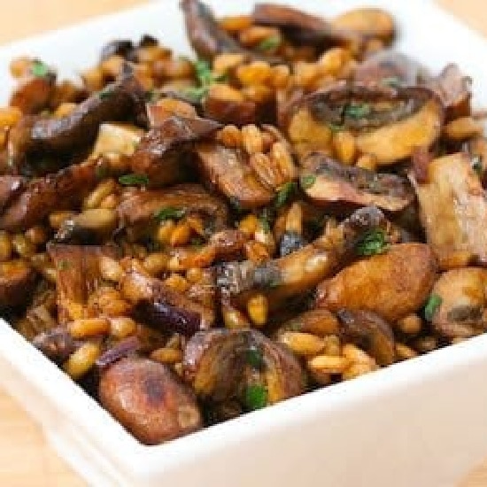 Farro with Mushrooms shown in serving dish