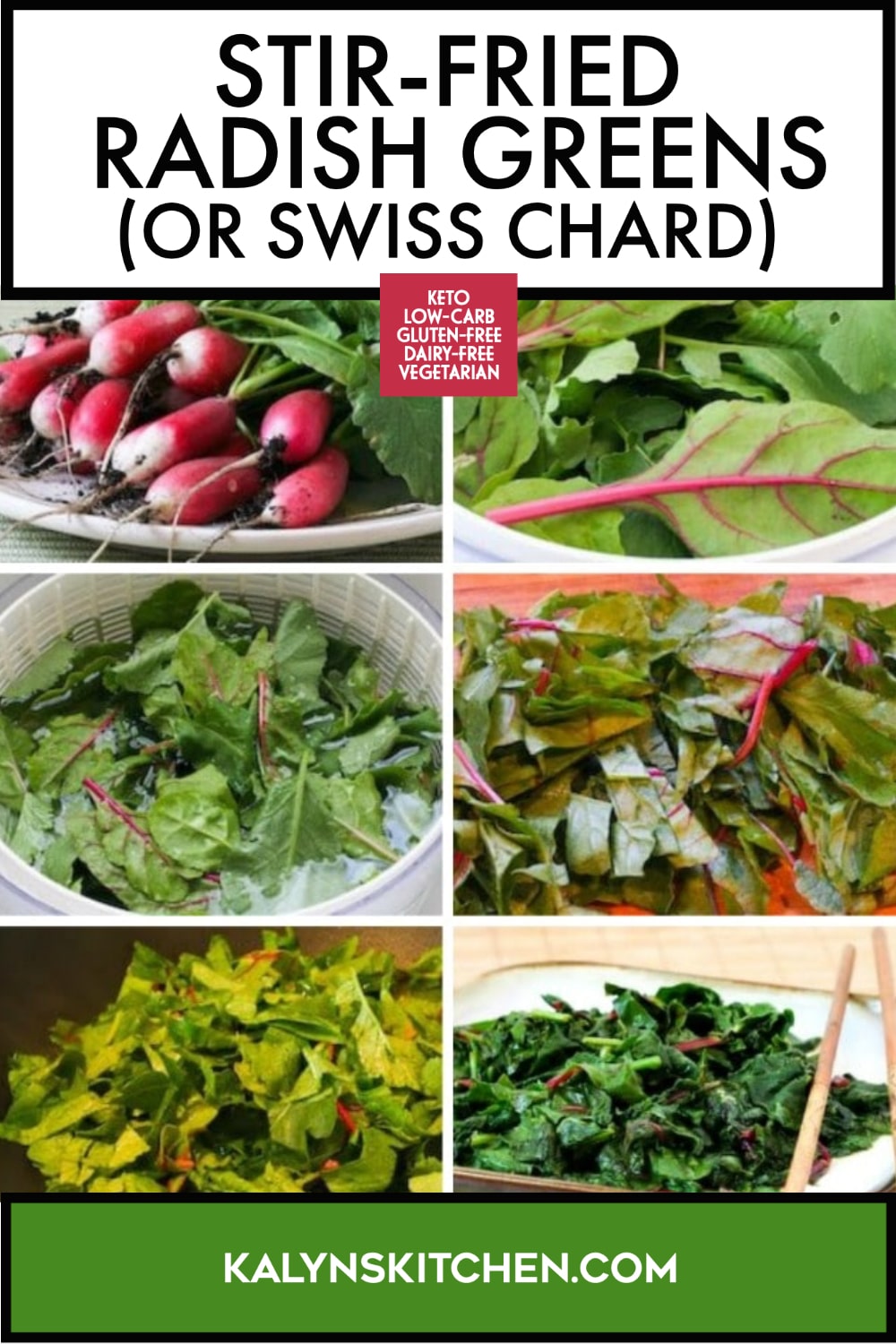 Pinterest image of Stir-Fried Radish Greens (or Swiss Chard)