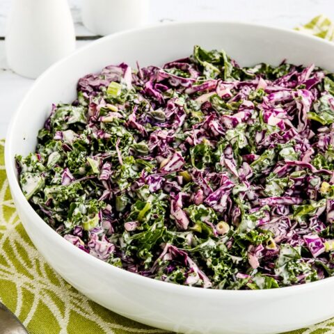 Kale and Red Cabbage Slaw finished salad in serving bowl