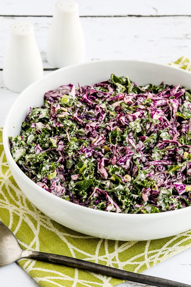 Kale and Red Cabbage Slaw finished salad in serving bowl