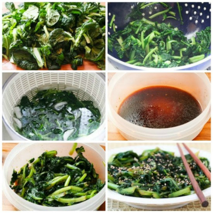 Tatsoi Salad with Sesame-Ginger Dressing process shots collage
