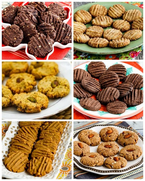 Photo collage of 6 delicious sugar-free and flour-free cookies from KalynsKitchen.com