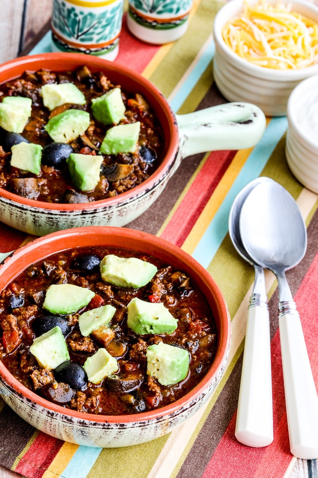Beef Chili with Sausage, Mushrooms, and Olives