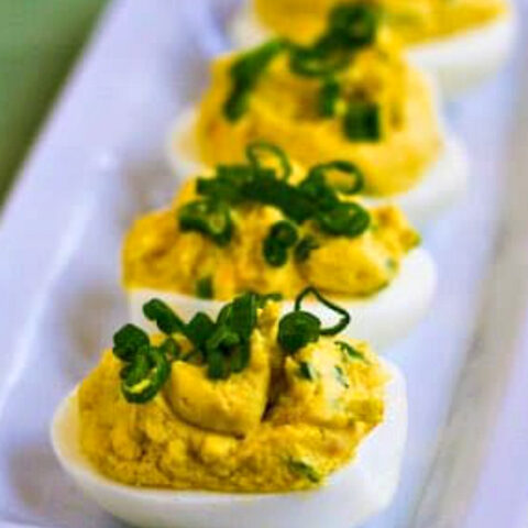 Shrimp and Wasabi (or Dijon) Deviled Eggs found on KalynsKitchen.com