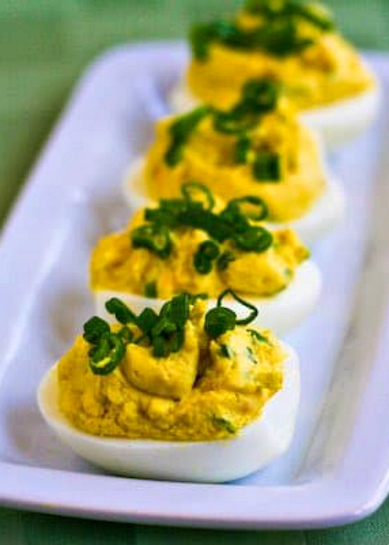 Shrimp and Wasabi (or Dijon) Deviled Eggs found on KalynsKitchen.com