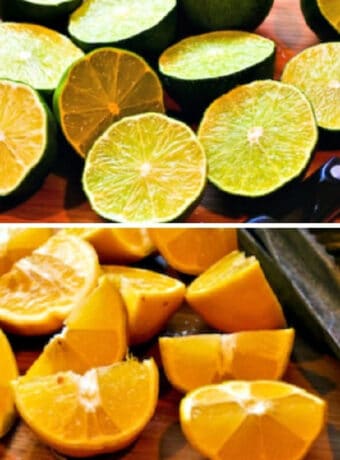 Freezing Fresh Lemon Juice and Fresh Lime Juice collage showing cut fresh lemons and fresh limes.