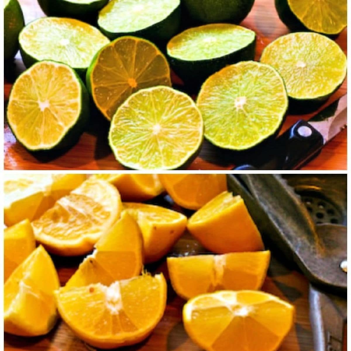 Freezing Fresh Lemon Juice and Fresh Lime Juice collage showing cut fresh lemons and fresh limes.
