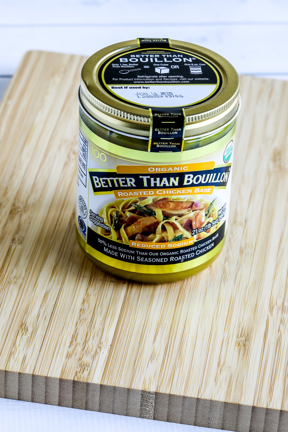 Better Than Bouillon Organic Low-Sodium Chicken Base jar shown on cutting board.