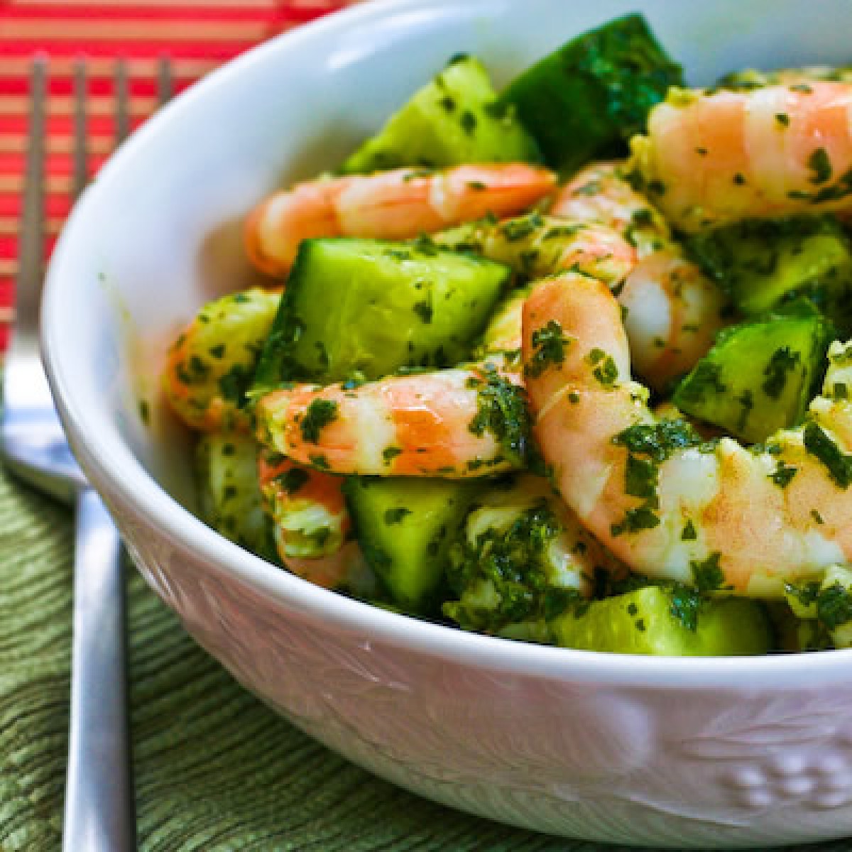 Shrimp Cucumber Salad shown in serving bowl 