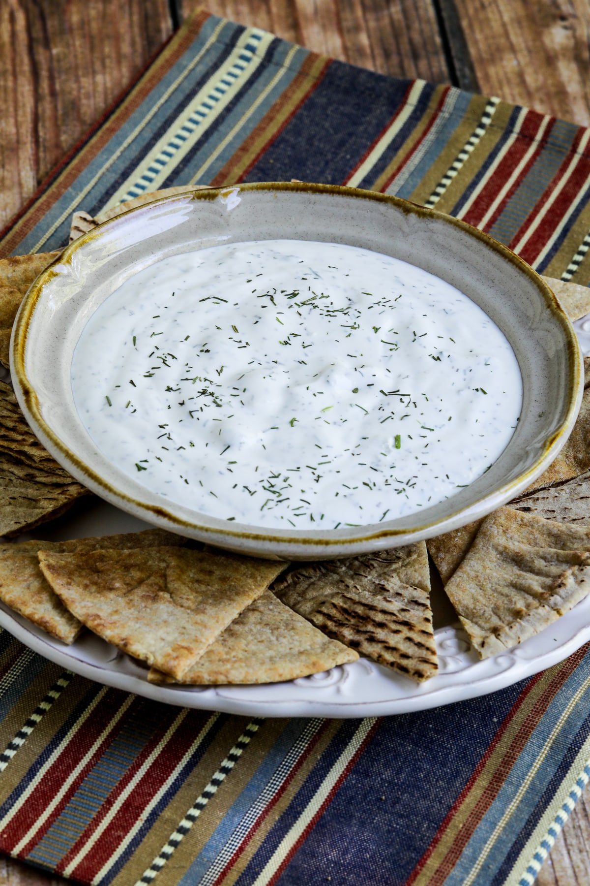 Tzatziki Sauce shown in bowl on plate with pita bread.