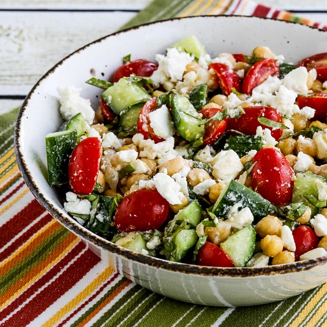 Cucumber and Tomato Salad with Marinated Garbanzo Beans, Feta, and Herbs found on KalynsKitchen.com