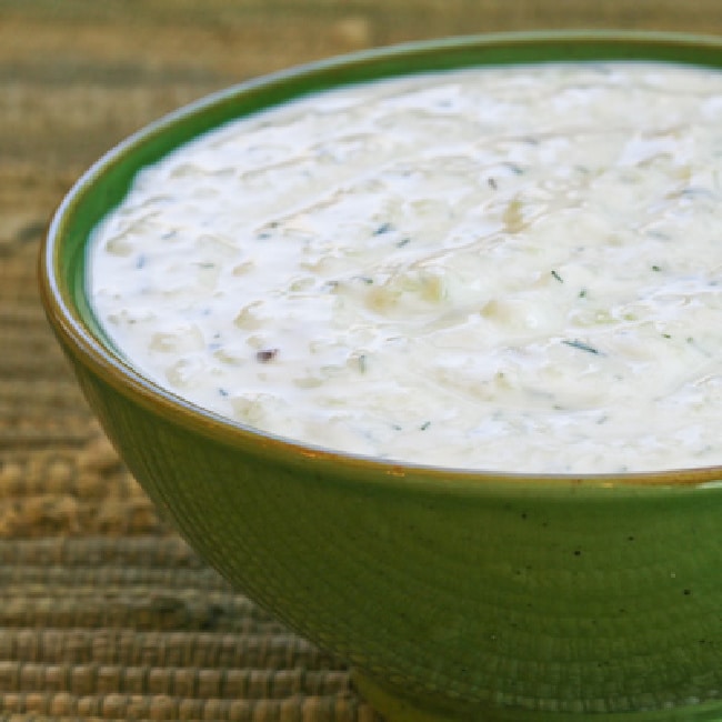 How to Make Tzatziki Sauce, finished sauce shown in bowl