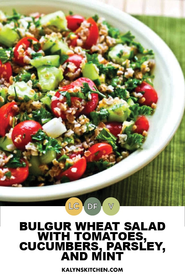 Pinterest image of Bulgur Wheat Salad with Tomatoes, Cucumbers, Parsley, and Mint