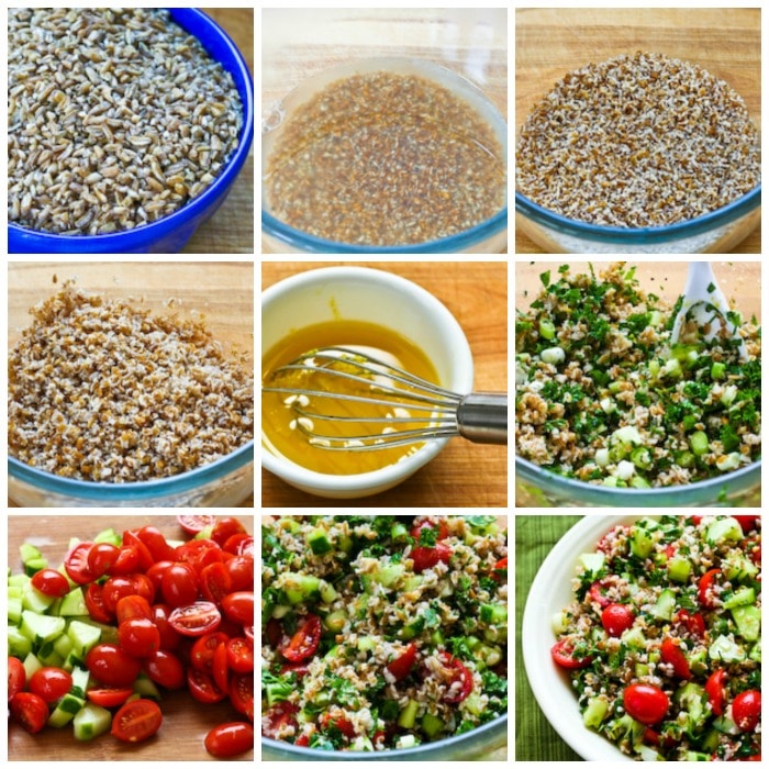 Bulgar Salad with Tomato, Cucumber, Parsley, and Mint process shot collage