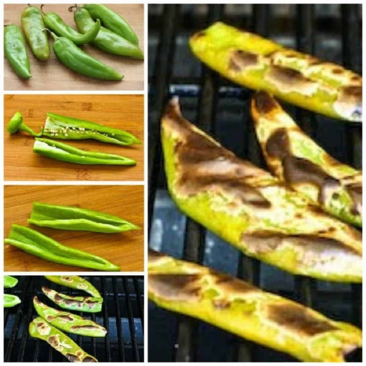collage showing steps for roasting green chiles