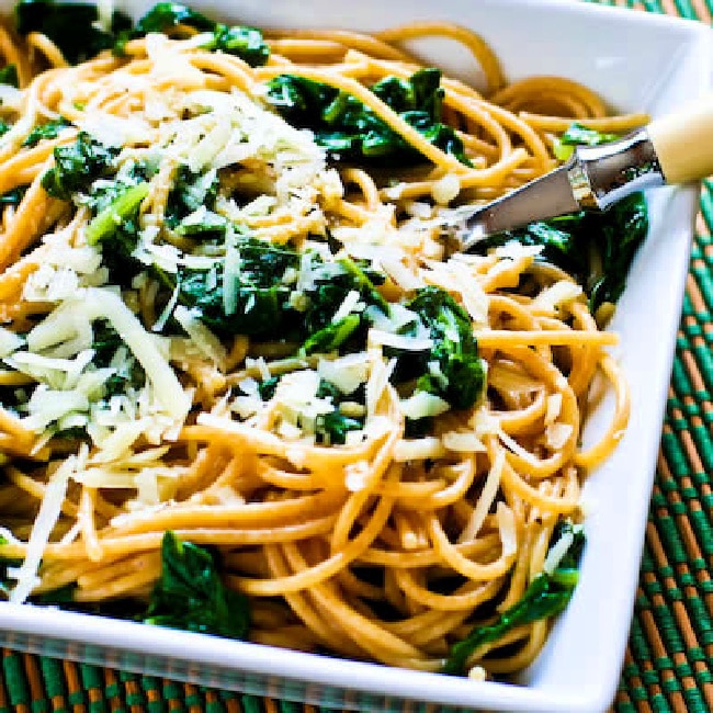 Spaghetti with Garlic, Chard, and Pecorino-Romano Cheese finished dish in serving bowl