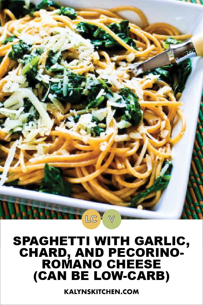 Pinterest image of Spaghetti with Garlic, Chard, and Pecorino-Romano Cheese