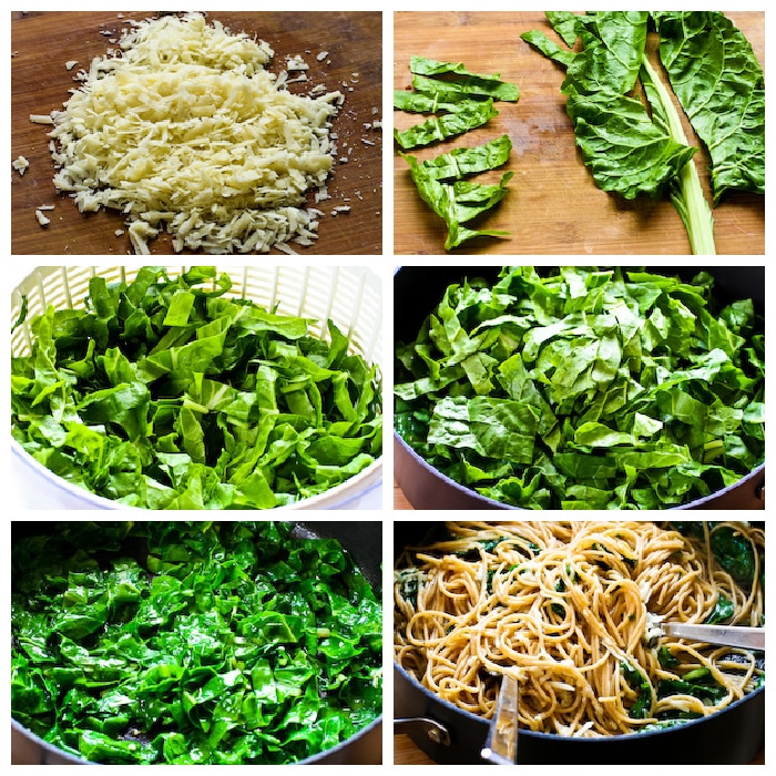 Spaghetti with Garlic, Chard, and Pecorino-Romano Cheese process shots collage