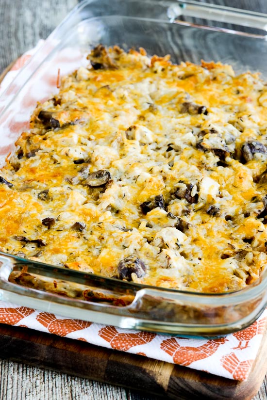 Leftover Turkey Casserole with Brown Rice and Mushrooms finished casserole in baking dish