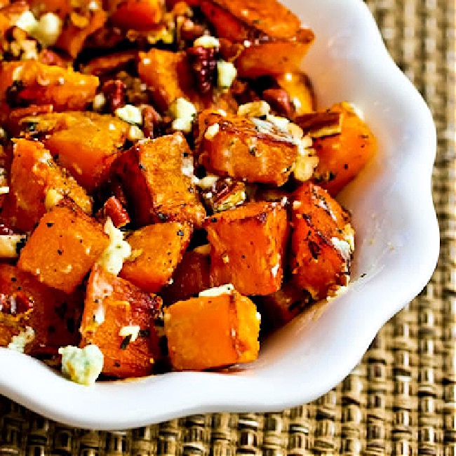 Roasted Butternut Squash with Rosemary, Pecans, and Gorgonzola close-up photo of finished recipe in serving bowl