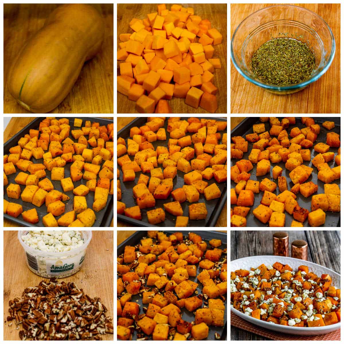 Roasted Butternut Squash with Rosemary, Pecans, and Gorgonzola collage of recipe steps